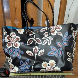 Tory Burch Black and Blue Floral Tote Bag